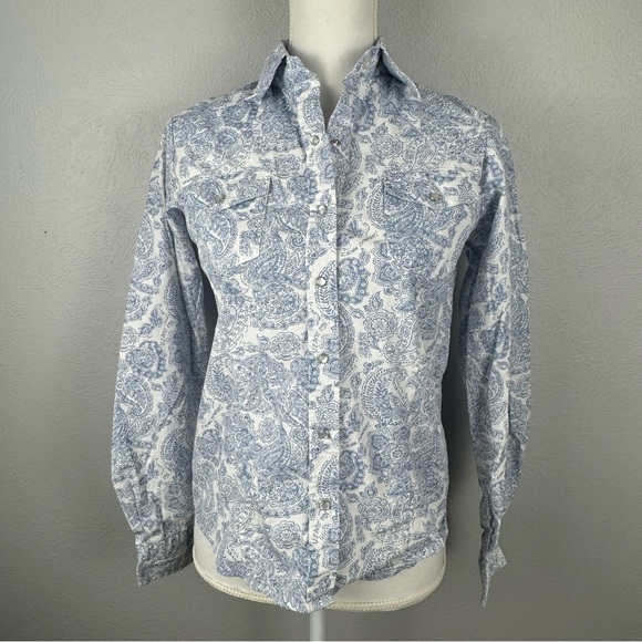 CEDAR ROSE  Women Small Long Sleeve Pearl Snap Western Shirt Blue Paisley Floral - Picture 2 of 13